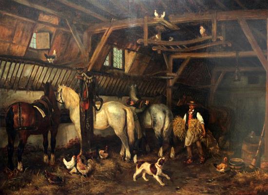 Louis Van Buyck, oil,  Stable interior with grooms, chickens and a dog,(-)